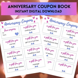 ANNIVERSARY COUPONS for partner or spouse, Printable Love Coupon, Gifts for Him, Gifts for Her, Digital Download PDF and jpg instant