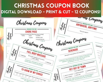 CHRISTMAS COUPONS for Christmas, Printable Love Coupon, Gifts for Him, Gifts for Her, Digital Download PDF and jpg, cut and print instant