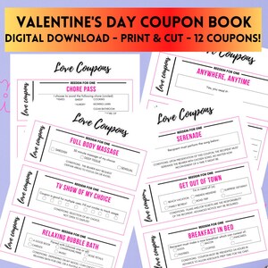 LOVE COUPONS for Valentine&#39;s Day, Printable Love Coupon, Gifts for Him, Gifts for Her, Digital Download PDF and jpg, cut and print instant