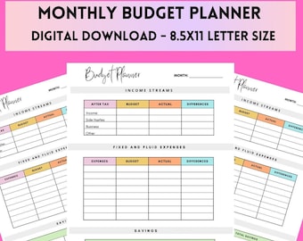 Monthly Budget Planner - DIGITAL DOWNLOAD - Budget Tracking Printable - Letter Size