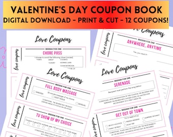 LOVE COUPONS for Valentine's Day, Printable Love Coupon, Gifts for Him, Gifts for Her, Digital Download PDF and jpg, cut and print instant