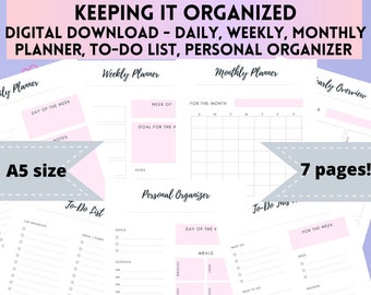 7 Pages A5 - Keeping it Organized Planner Printable - DIGITAL DOWNLOAD - Daily, Weekly, Monthly Planner, Yearly Overview, To Do Lists