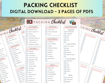 May include: A printable packing checklist with three pages, each with a pink and gray color scheme. The checklist is divided into categories such as documents, financials, electronics, toiletries, health, clothes/shoes, and miscellaneous. Each category has a list of items to pack, with checkboxes next to each item.