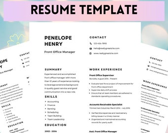 May include: A resume template with a modern design. The template includes sections for contact information, summary, skills, education, and work experience. The resume is for Penelope Henry, a front office manager.