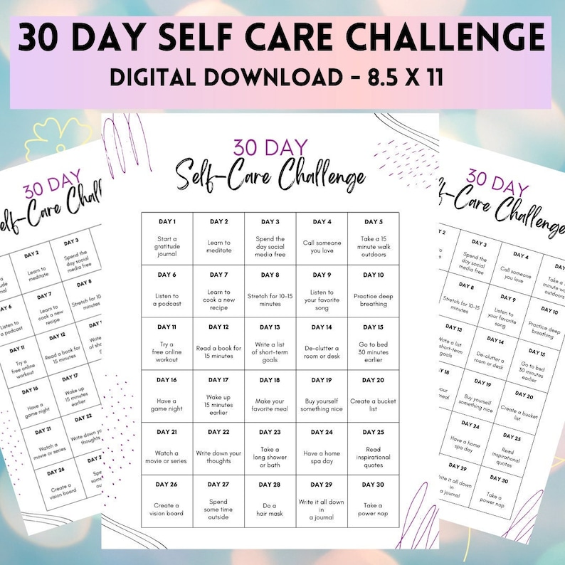 May include: A printable 30-day self-care challenge with a pink and white background. The challenge includes activities such as starting a gratitude journal, learning to meditate, spending the day social media free, calling someone you love, taking a 15-minute walk outdoors, listening to a podcast, learning to cook a new recipe, stretching for 10-15 minutes, de-cluttering a room or desk, going to bed 50 minutes earlier, having a game night, waking up 15 minutes earlier, making your favorite meal, buying yourself something nice, creating a bucket list, writing down your thoughts, taking a long shower or bath, having a home spa day, reading inspirational quotes, creating a vision board, spending some time outside, doing a hair mask, writing it all down in a journal, and taking a power nap.