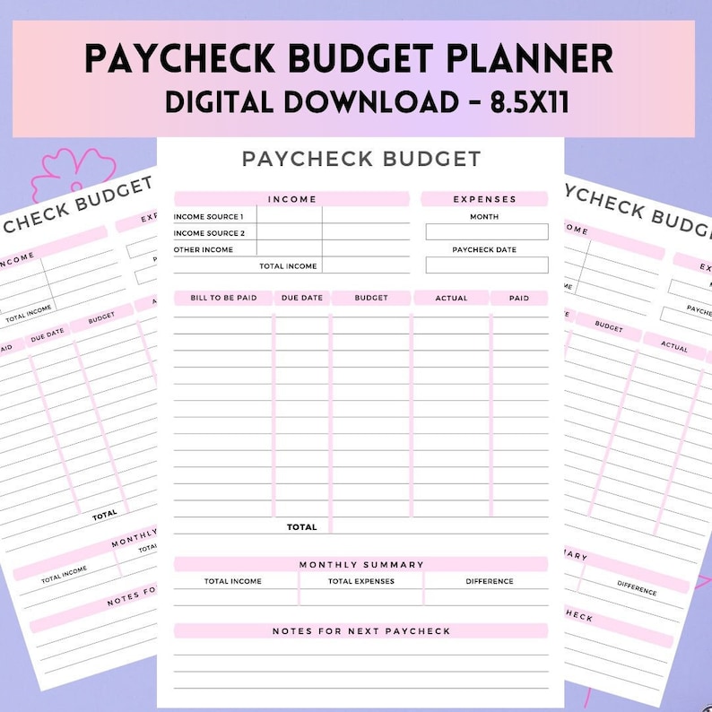 May include: Printable budget planner in black and white with pink accents. The planner is divided into sections for income, expenses, and a monthly summary. The text "PAYCHECK BUDGET PLANNER" is at the top of the page.