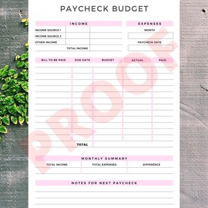 May include: A printable budget planner with sections for income, expenses, and a monthly summary. The planner includes fields for income sources, bills to be paid, due dates, budget, actual, paid, total income, total expenses, and a difference. The planner also includes a section for notes for the next paycheck.