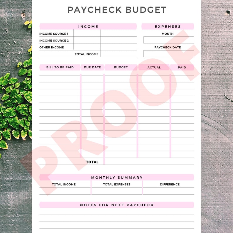 May include: A printable budget planner with sections for income, expenses, and a monthly summary. The planner includes fields for income sources, bills to be paid, due dates, budget, actual, paid, total income, total expenses, and a difference. The planner also includes a section for notes for the next paycheck.