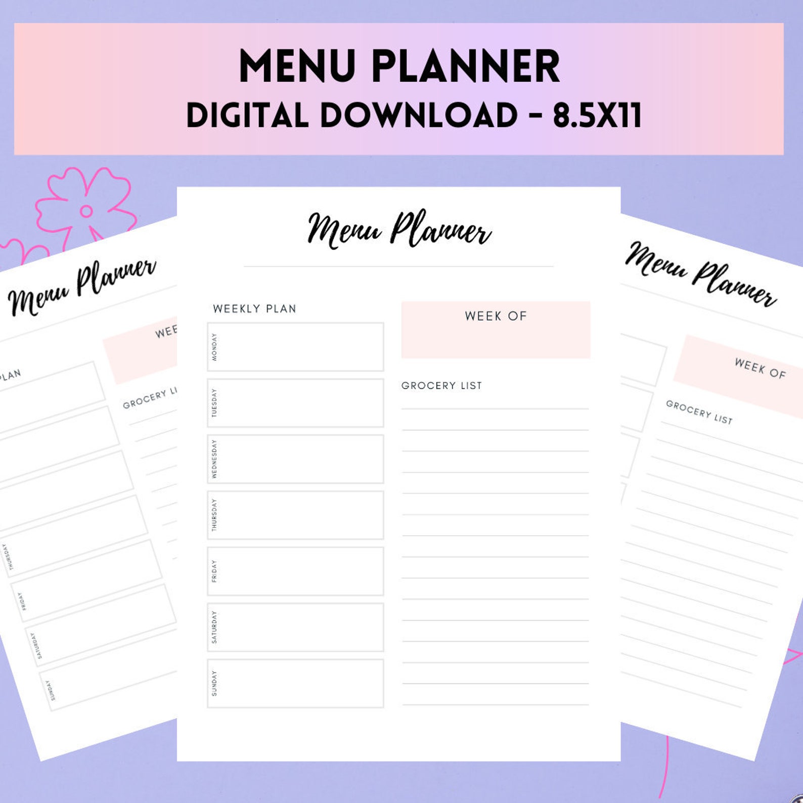 Menu Planner Grocery List DIGITAL DOWNLOAD Printable for | Etsy