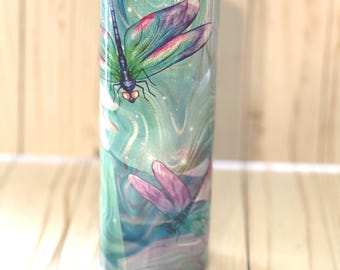 Dragonfly 20oz Tumbler, Hot or Cold Liquids, Stainless Steel Cup, Travel Cup, Insulated Tumbler, Turquoise And Purple