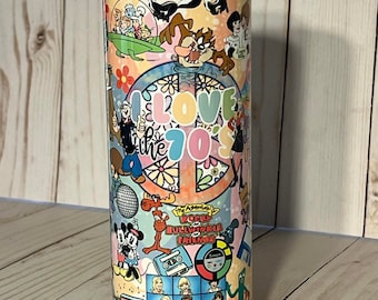 I Love The 70’s 20oz Tumbler, Hot or Cold Liquids, Stainless Steel Cup, Travel Cup, 70’s Icons Full Wrap, 1970 Characters
