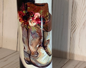 Country Cowgirl 20oz Tumbler, Boho Country, Farm Girl Cup, Cow Hide and Boots, Cowgirl Hat and Flowers, Stainless Steel Cup, Travel Cup,