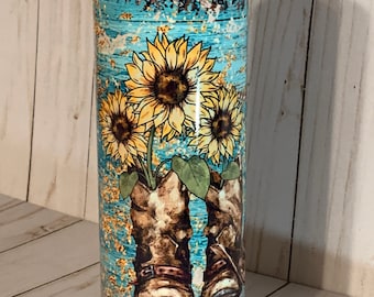 Boho Country 20oz Tumbler, Turquoise And Cowboy Hats, Farm Sunflowers, Animal Print, Hot or Cold Liquids, Stainless Steel Cup, Travel Cup,