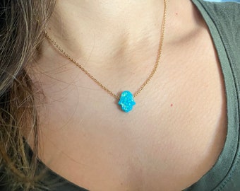 Hamsa Opal Necklace - Turquoise / Blue