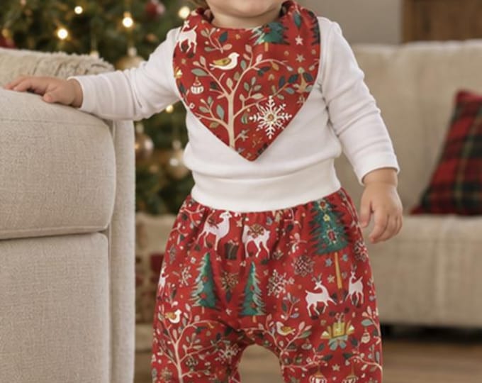 Ensemble bébé Noël 18–24 mois : sarouel doublé et bavoir assorti, coton rouge, fait main, pièce unique