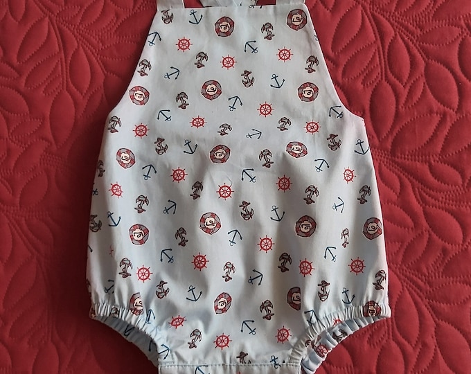 Little baby boy romper, 3 months, sky blue with navy anchor print, lighthouse buoy Ready to ship