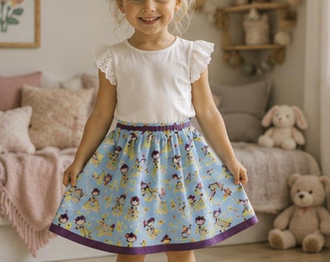 Jupe Fille 4 Ans Bleu Clair - Imprimé Fantaisie Jaune - Coton Doublé - Taille Élastique - Fait Main