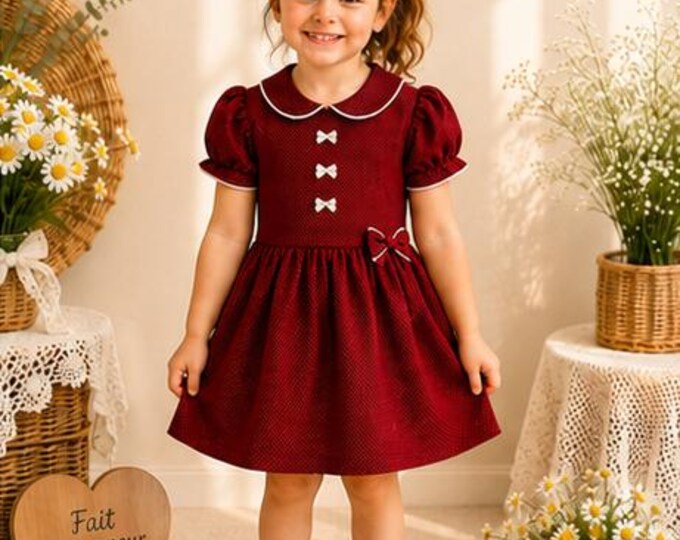 Robe Fille 3/4 Ans - Bordeaux À Pois Blancs - Col Claudine - Robe Habillée - Fait Main - Pièce Unique