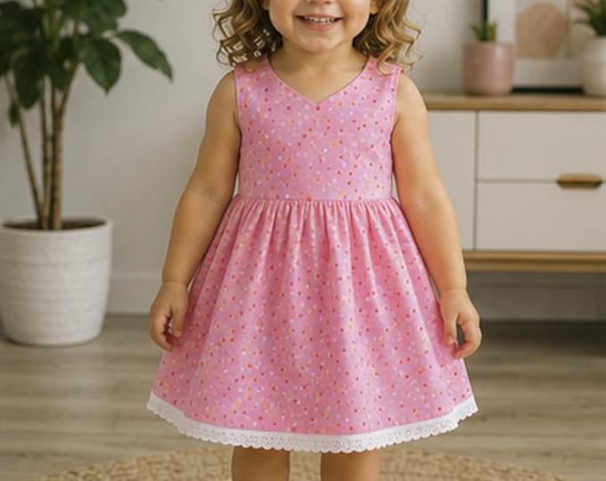 3-year-old girl's dress in pink cotton twill with multi-colored polka dots, new, handmade