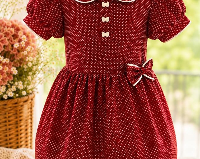 Robe Fille 3/4 Ans - Bordeaux À Pois Blancs - Col Claudine - Robe Habillée - Fait Main - Pièce Unique