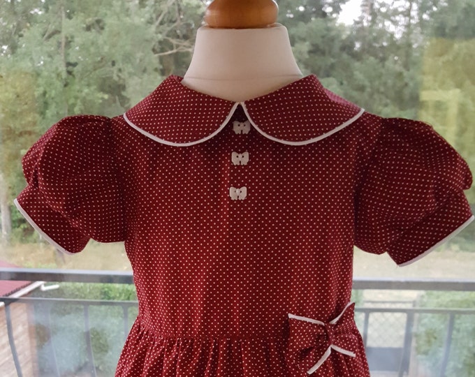 Burgundy cotton dress with white polka dots, new, handmade, 3/4 year old girl