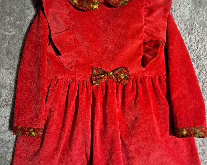 3-year-old girl's dress in red millerais velvet with a collar and colored sleeve ends