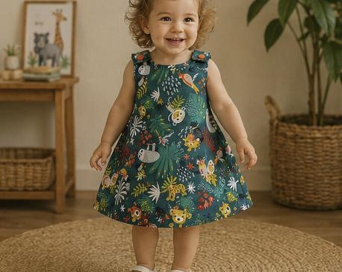 Robe Bébé Fille 18/24 Mois - Coton OEKO TEX Vert Imprimé Savane - Coupe Trapèze - Robe Été - Fait Main - Pièce Unique