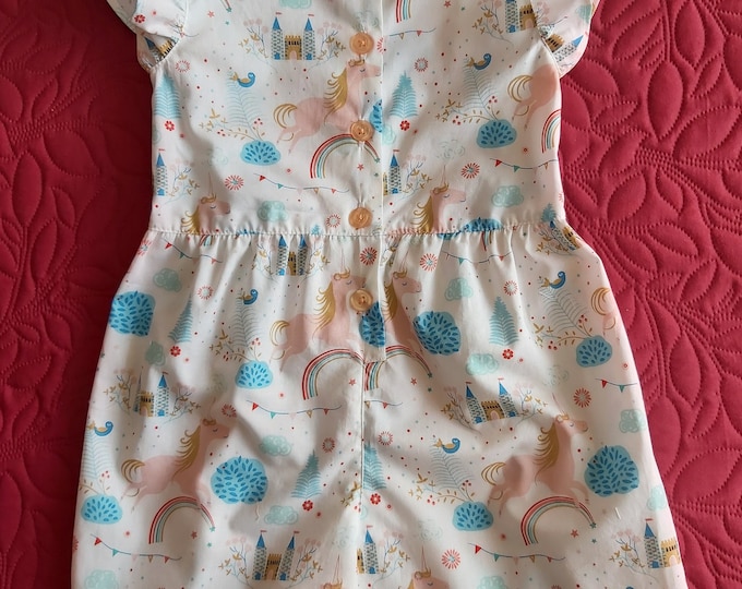 Pretty 4 year old girl's playsuit in polycotton unicorn print