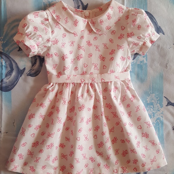 Petite robe blanche à motifs rose 24 mois Neuve , Fait mains