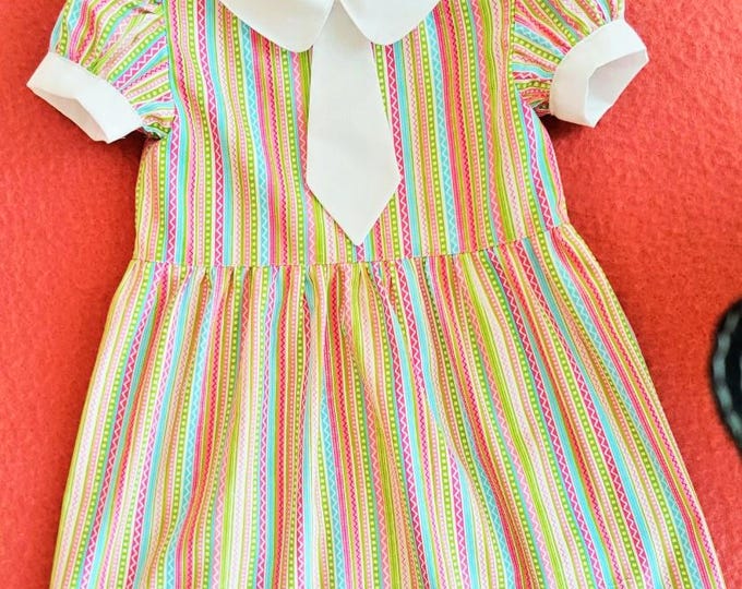 Robe Fille 3 Ans Multicolore à Col Claudine Blanc Sergé de Coton Fait Main Pièce Unique