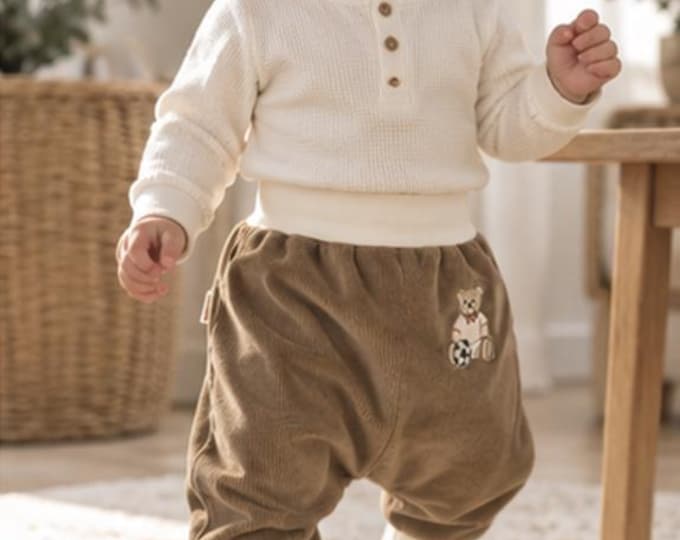Sarouel Bébé 18/24 Mois - Velours Milleraies Camel - Pantalon Confortable - Fait Main - Taille Évolutive