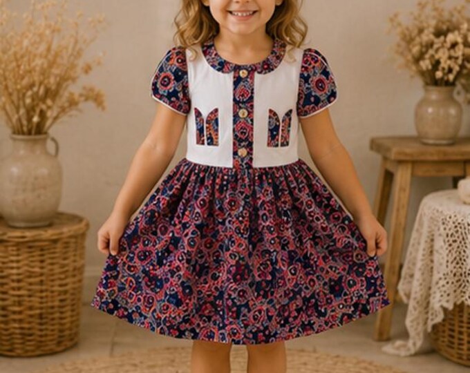 Robe Fille 3/4 Ans - Bleu Marine Imprimé - Haut Blanc Élégant - Robe Habillée - Fait Main - Pièce Unique