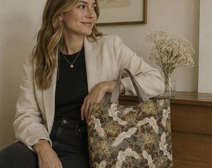 Sac Cabas Tissu Japonais - Blanc Or Marron - Tote Bag Élégant - Fait Main - Pièce Unique