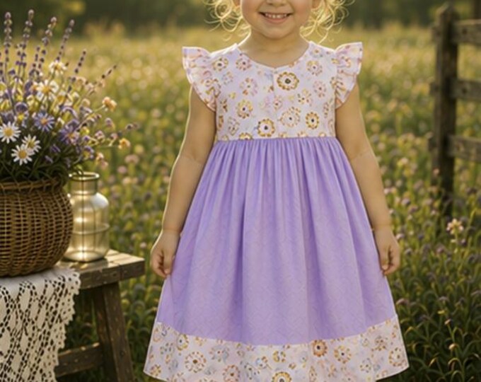 Robe Fille 5/ 6 ans Ans - Coton Rose Bicolore Fleuri - Manches Courtes - Robe Été - Fait Main - Pièce Unique