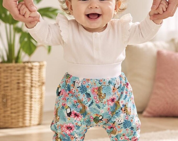 Sarouel évolutif bébé fille 6/9 mois – pantalon jersey coton – confortable – fait main – pièce unique
