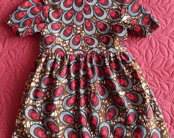 African wax fabric dress for girls aged 4/6, fully lined (see measurements) with headband and small bow