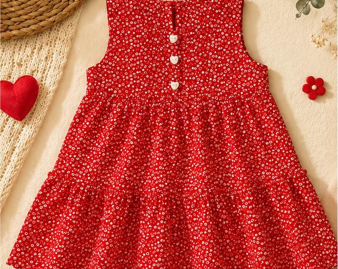 Robe Fille 4/6 Ans Rouge à Cœurs – Robe Été Fluide en Coton – Fait Main – Pièce Unique