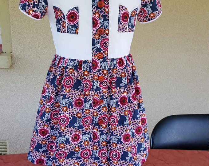 Girls' dress, 3/4 years, navy blue bottom with slightly satiny prints, new handmade white cotton pique top.