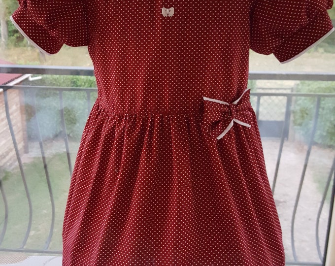 Robe Fille 3/4 Ans - Bordeaux À Pois Blancs - Col Claudine - Robe Habillée - Fait Main - Pièce Unique