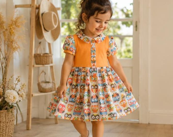 Robe fille 3/4 ans – robe hiboux & jersey orange – robe été enfant – fait main – pièce unique