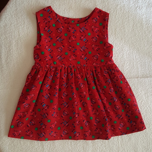 Petite robe chasuble  en velours milleraies rouge à impressions bébé fille 24 mois Neuve . Prête à expédier  denière mis en vente