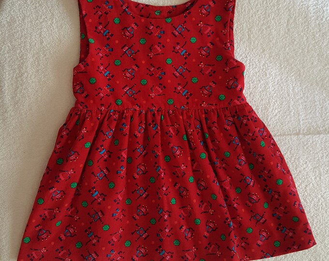 Little pinafore dress in red milleraies velvet with prints for baby girls, 24 months old. New. Ready to ship.
