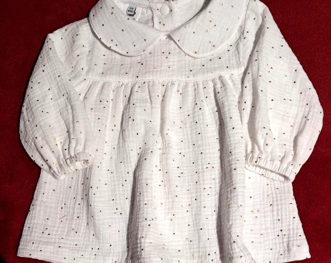 Robe Bébé Fille 9/12 Mois - Blanche À Pois Dorés - Col Claudine - Tenue Fête - Fait Main