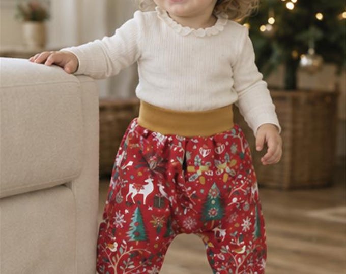 Sarouel bébé 12–18 mois, coton rouge motifs de Noël, doublé jersey, fait main, pièce unique.
