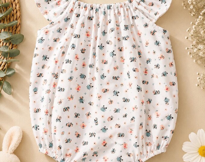 Barboteuse Bébé Fille 18/24 Mois - Imprimé Coccinelles et Animaux - Fait Main - Pièce Unique