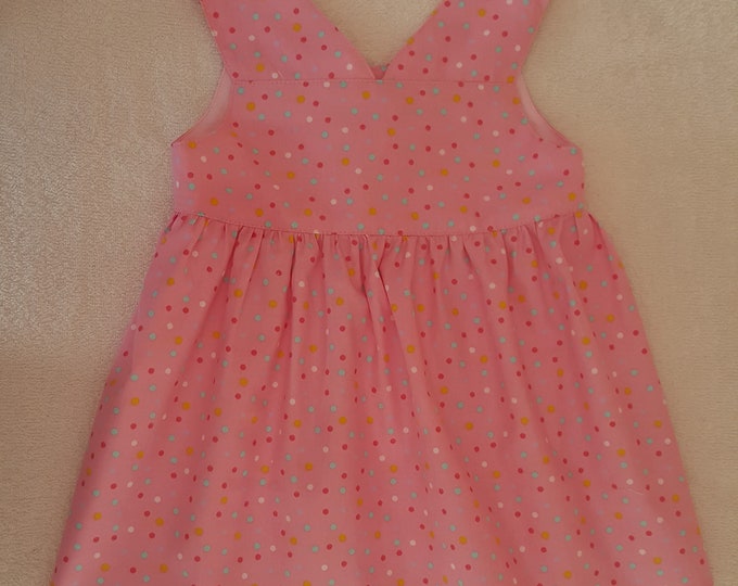 3-year-old girl's dress in pink cotton twill with multi-colored polka dots, new, handmade