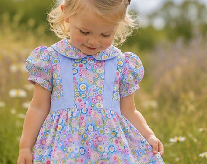 Robe bébé fille 18/24 mois multicolore – Sergé de coton – Col Claudine – Manches ballon – Fait main – Pièce unique
