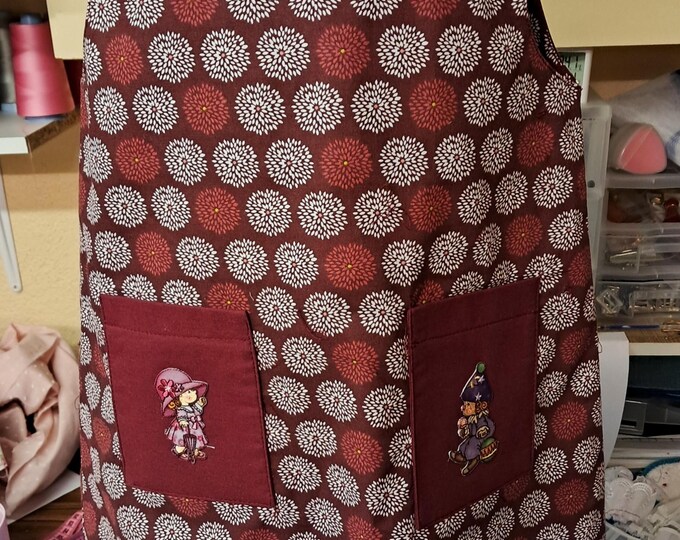 Girls' dress, 7/8 years, pinafore and trapeze in OEKO TEX cotton with 2 pockets and 2 appliqués