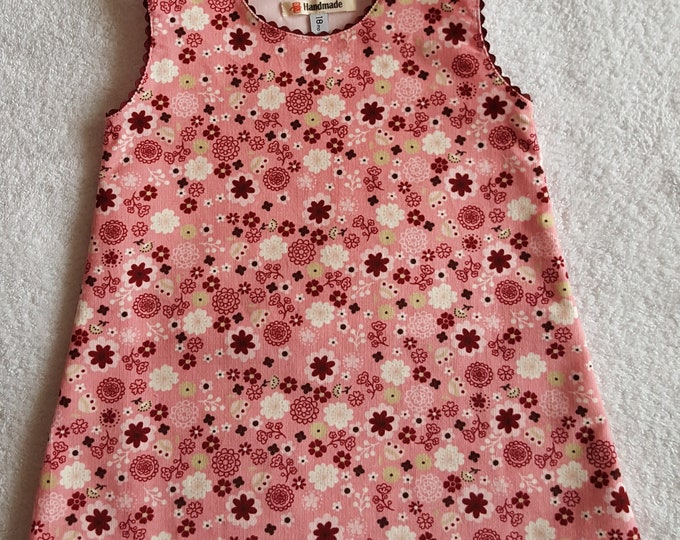 Little trapeze dress in milleraies velvet on a pink background with multicoloured flowers for baby girls 18/24 months (see measurements)