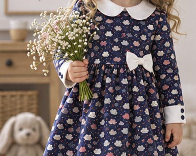 Robe fille 4 ans bleu marine à nuages – Col Claudine & nœud – Jersey – Fait main – Pièce unique